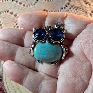 Turquoise Style Owl Brooch w/ Blue Eyes & Purple Wings